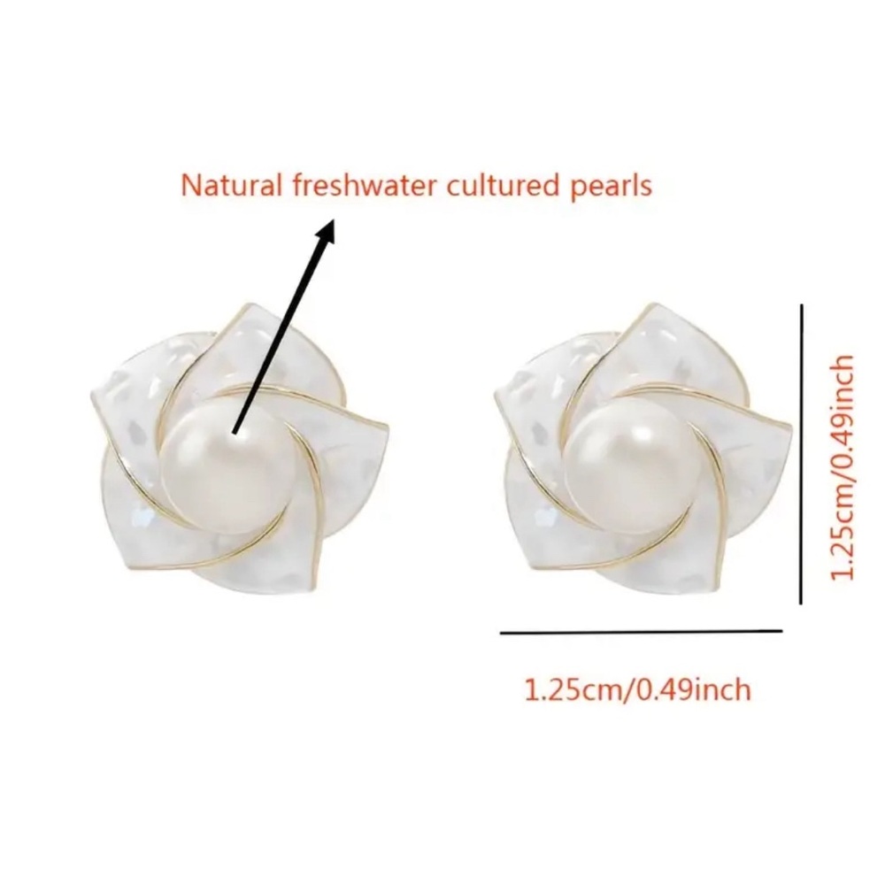 Cultured Pearl And Seashell 925 Camellia Stud Earrings - Picture 4 of 7